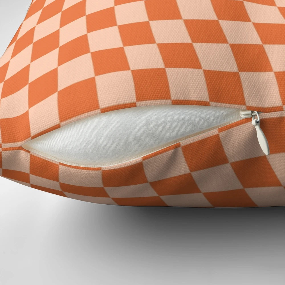 Retro geometric orange checkerboard pattern pillow