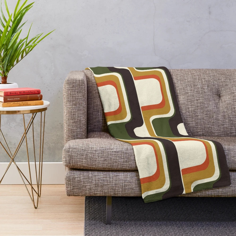 Retro geometric pattern plush blanket in midcentury modern style