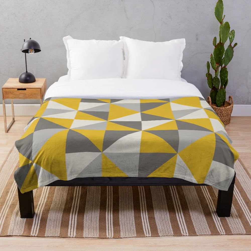 Retro triangle design plush blanket in yellow and grey