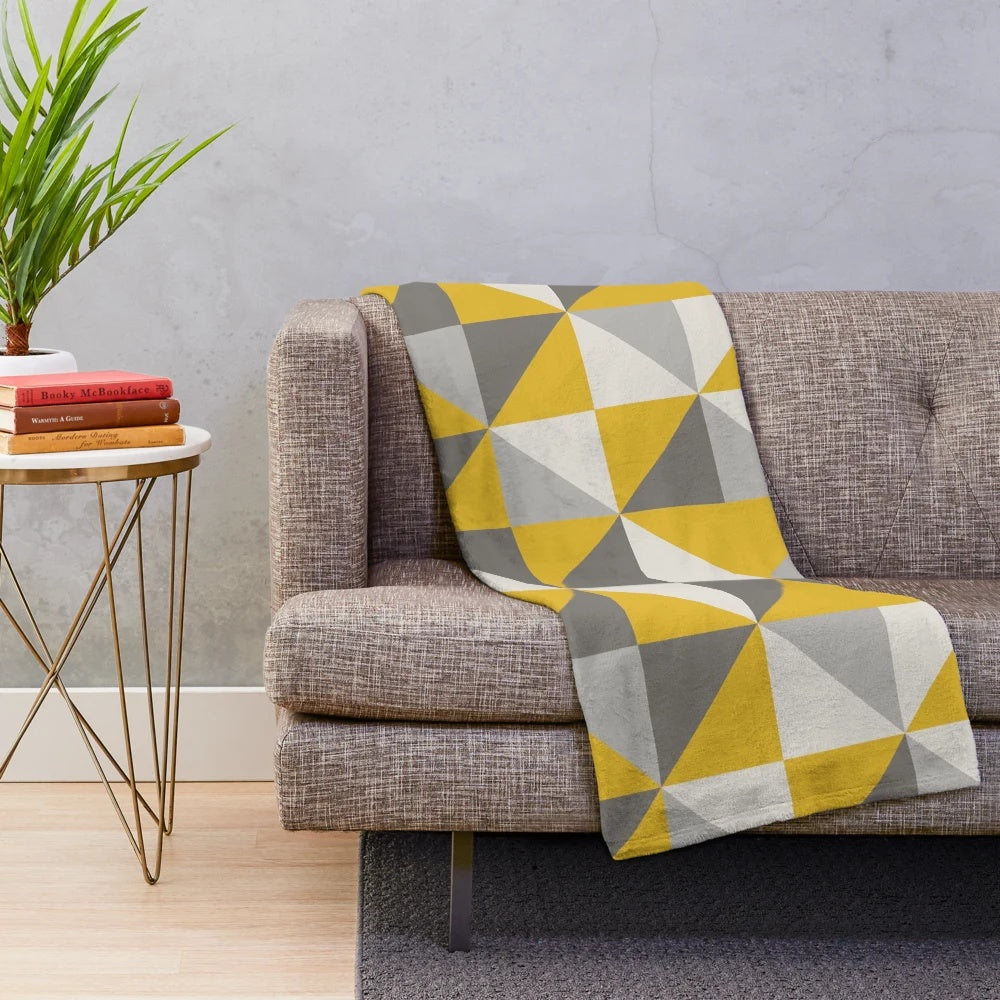 Retro triangle design plush blanket in yellow and grey