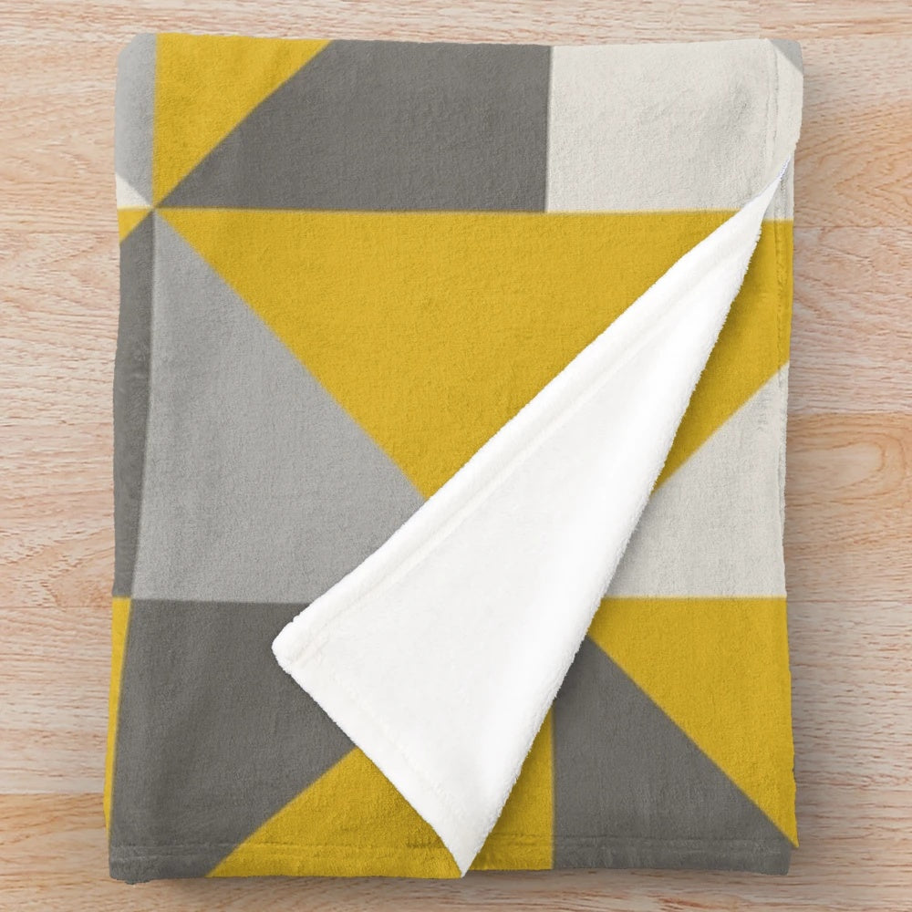 Retro triangle design plush blanket in yellow and grey
