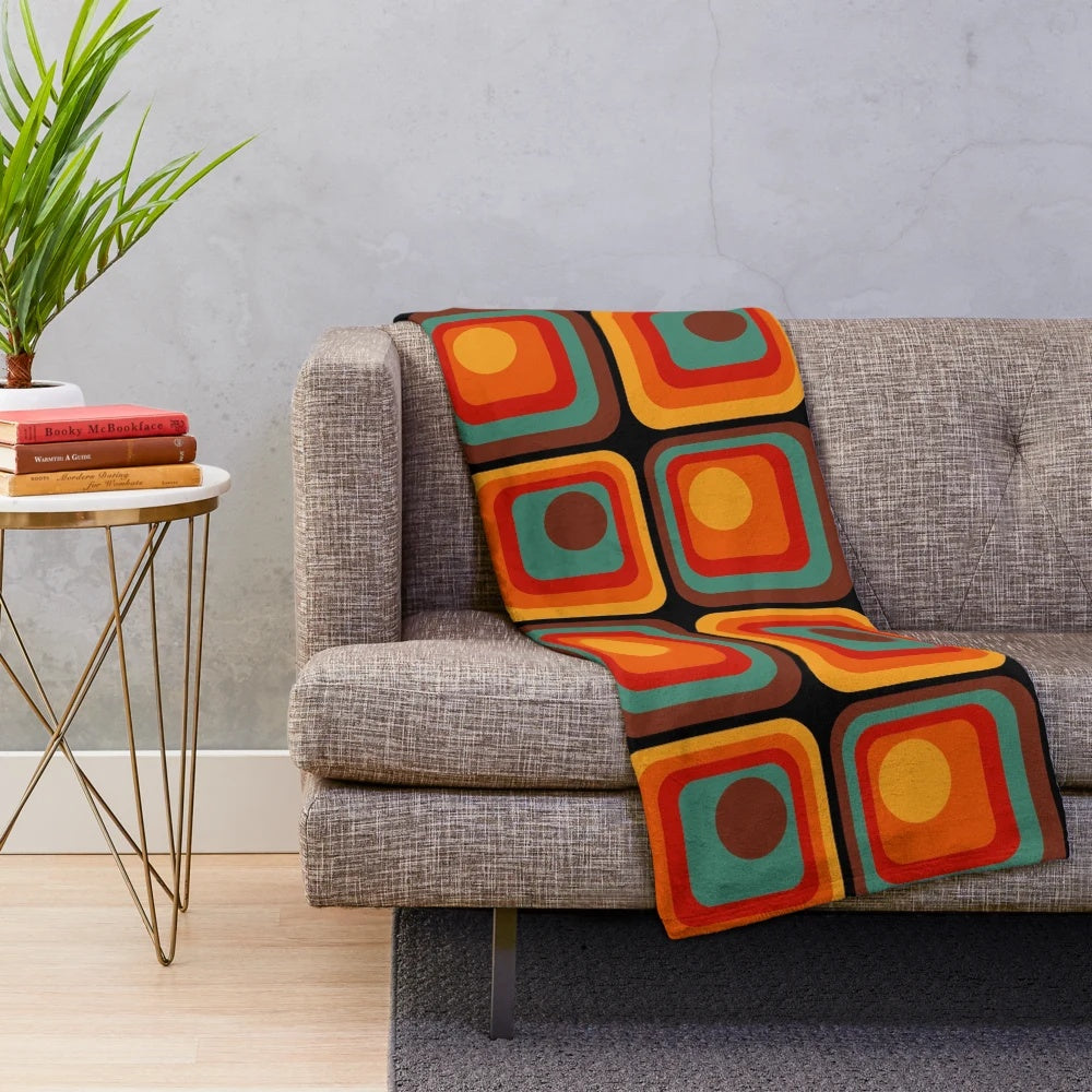 Retro geometric plush blanket with vibrant gradient square and circle pattern