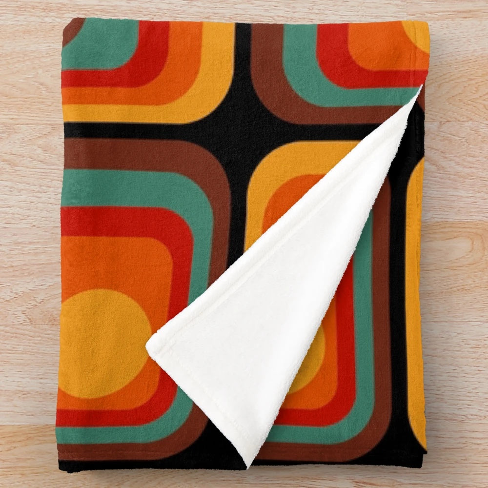 Retro geometric plush blanket with vibrant gradient square and circle pattern
