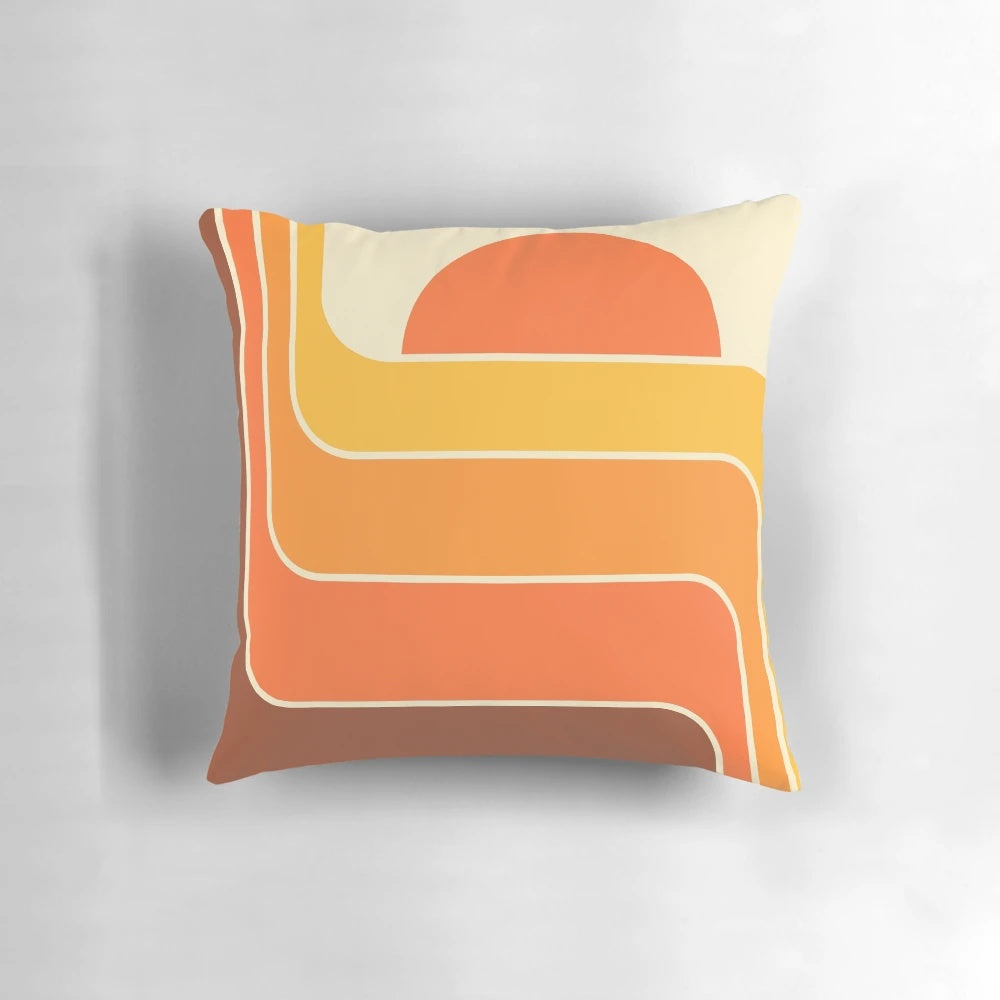 Retro geometric sun design throw pillow with midcentury modern style