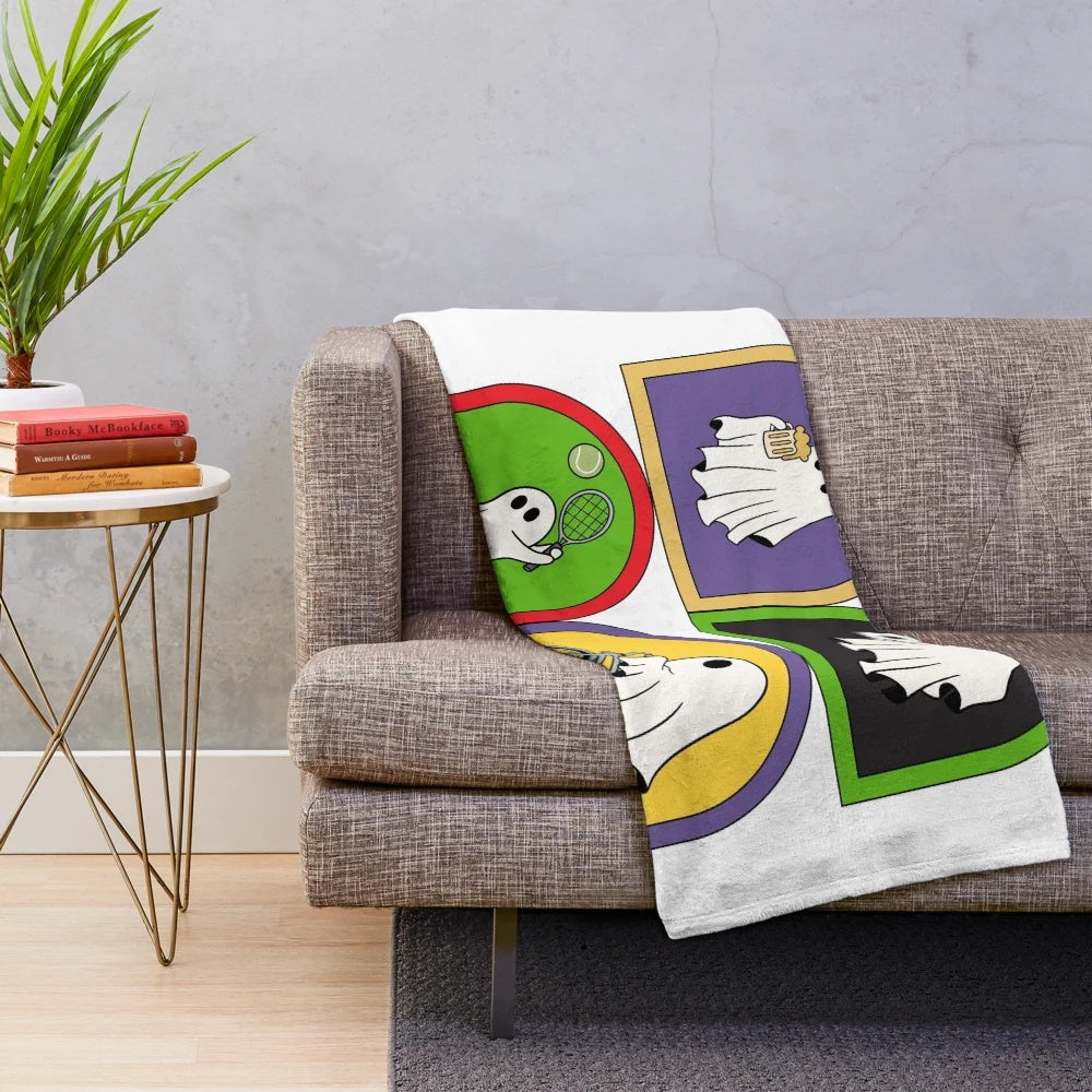 Retro ghost plush blanket with cute ghostly hobbies design