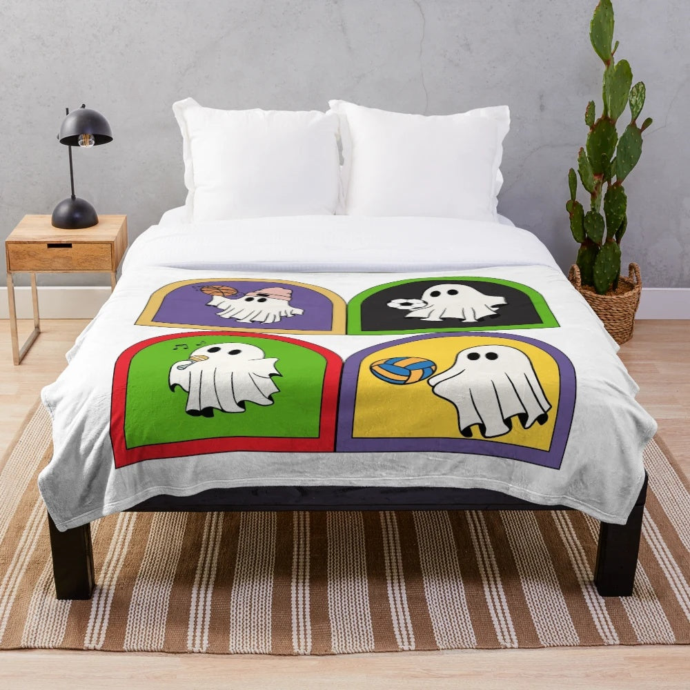 Retro ghost plush blanket with cute ghosts engaged in various hobbies
