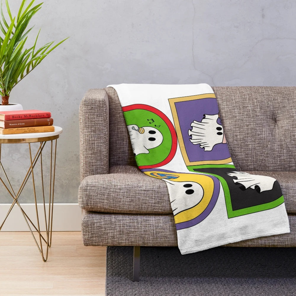 Retro ghost plush blanket with cute ghosts engaged in various hobbies