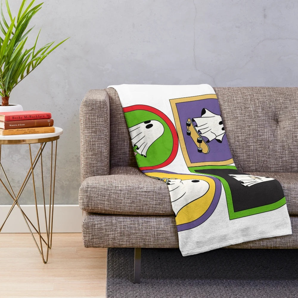 Retro ghost plush blanket with cute ghosts enjoying various hobbies