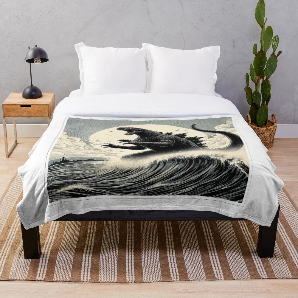 Vintage Godzilla Waves Plush Blanket