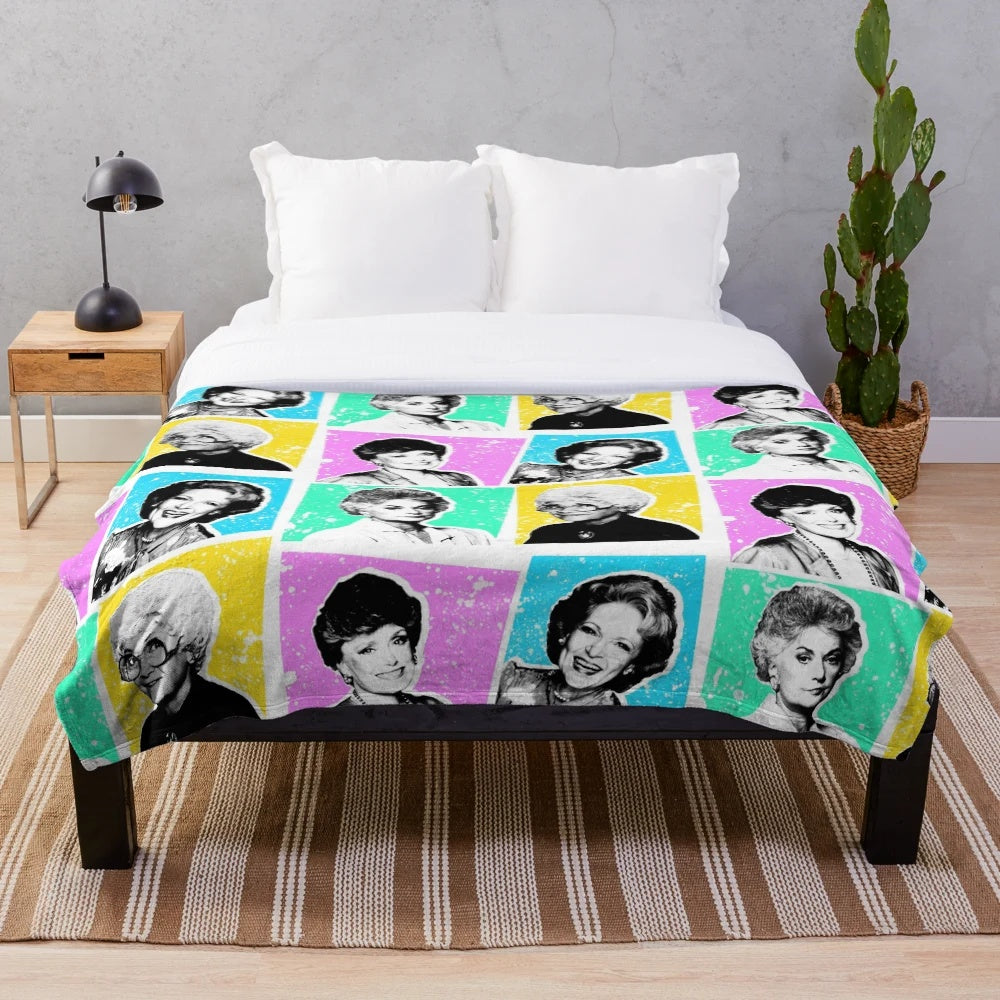 Golden Girls themed plush blanket featuring characters from the classic TV show