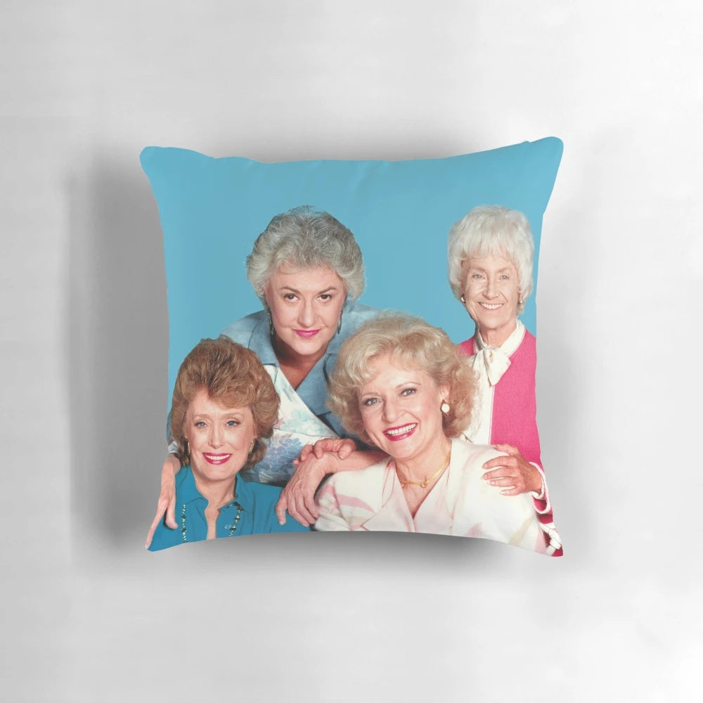 Golden Girls-themed throw pillow featuring the four main characters