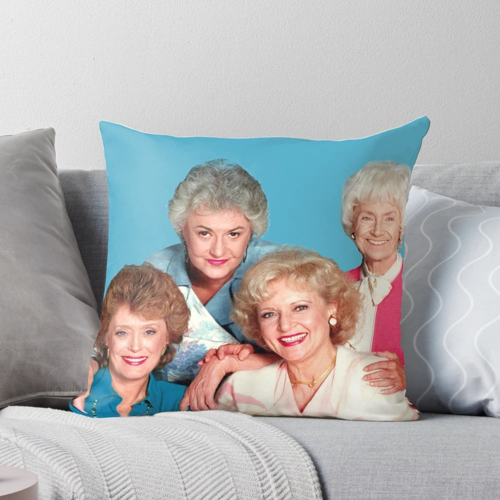 Golden Girls-themed throw pillow featuring the four main characters