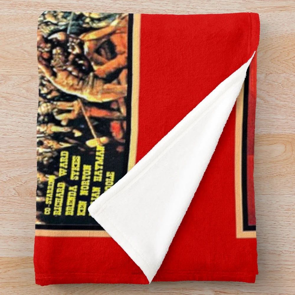 A plush blanket with a vintage grindhouse cinema-inspired design