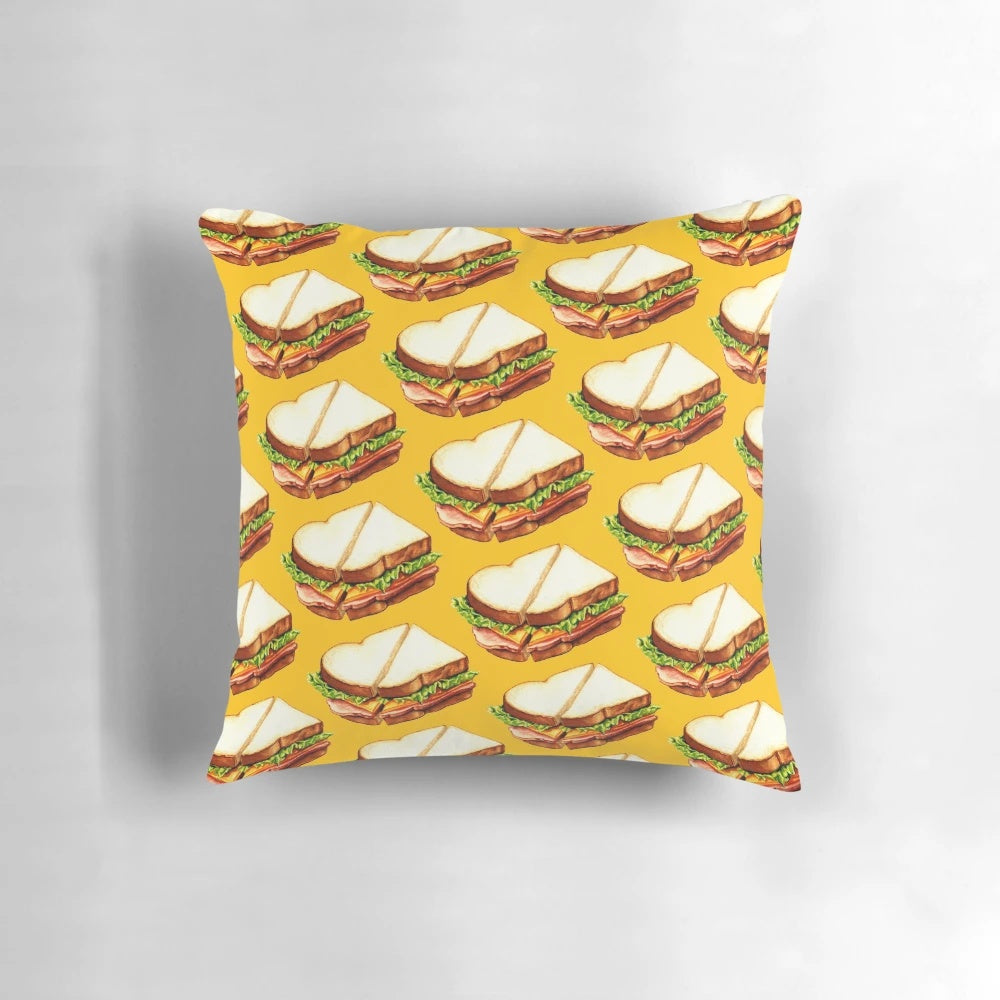 Retro ham sandwich pattern printed on a decorative throw pillow