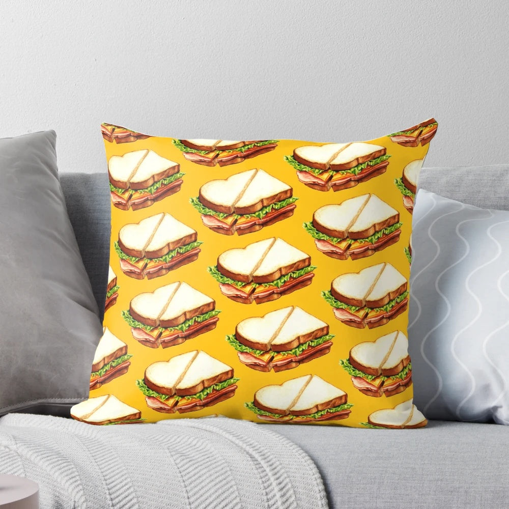 Retro ham sandwich pattern printed on a decorative throw pillow