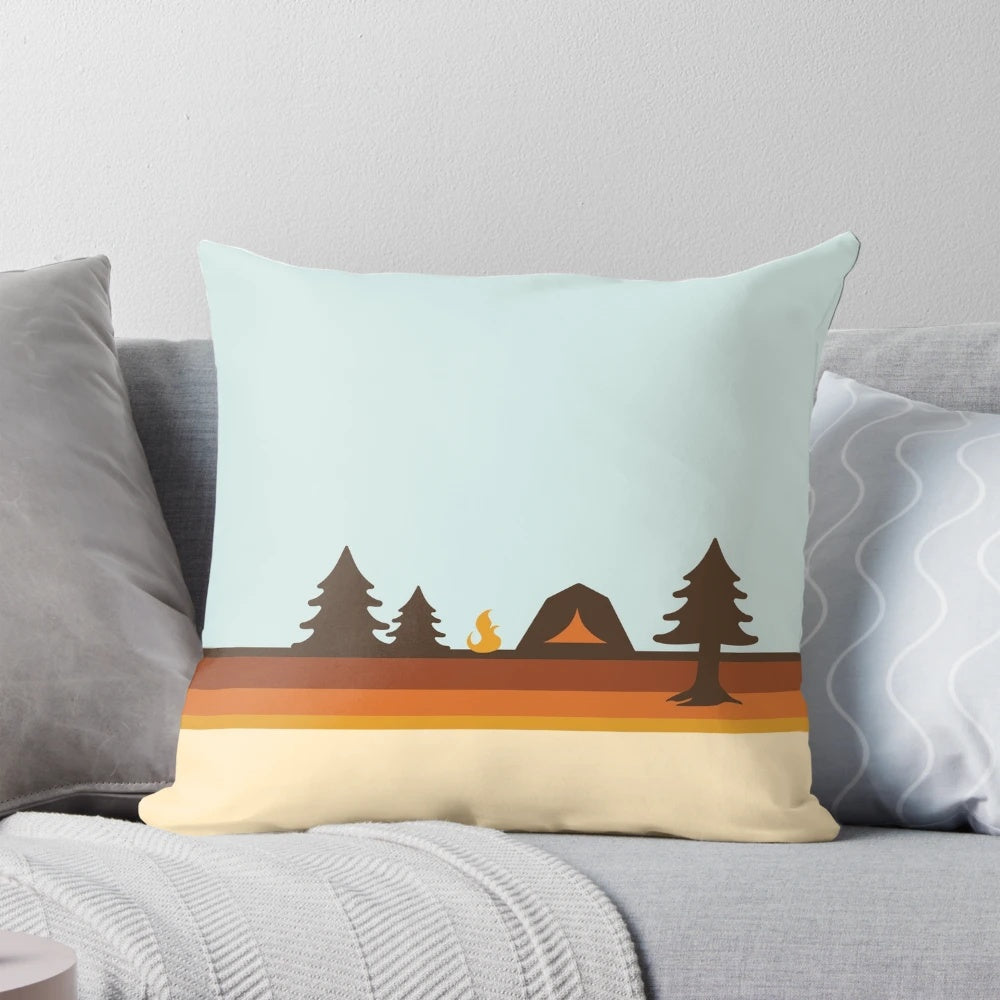 Vintage-style camping pillow with a "Happy Camper" design, perfect for nature enthusiasts and outdoor adventure lovers.