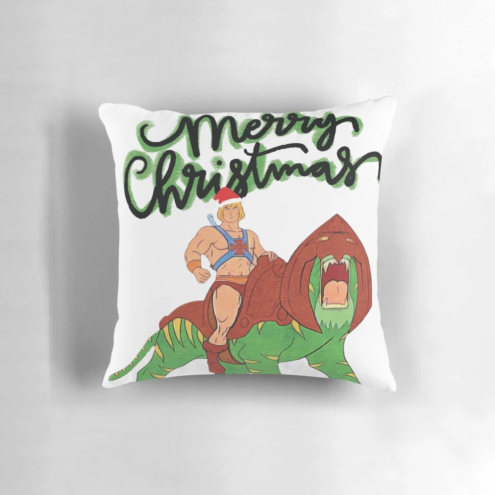 80s He-Man Christmas pillow with Skeletor and holiday design