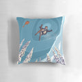 Retro ski jumper heli ski poster art Pillow featuring a mountain landscape and extreme sports imagery