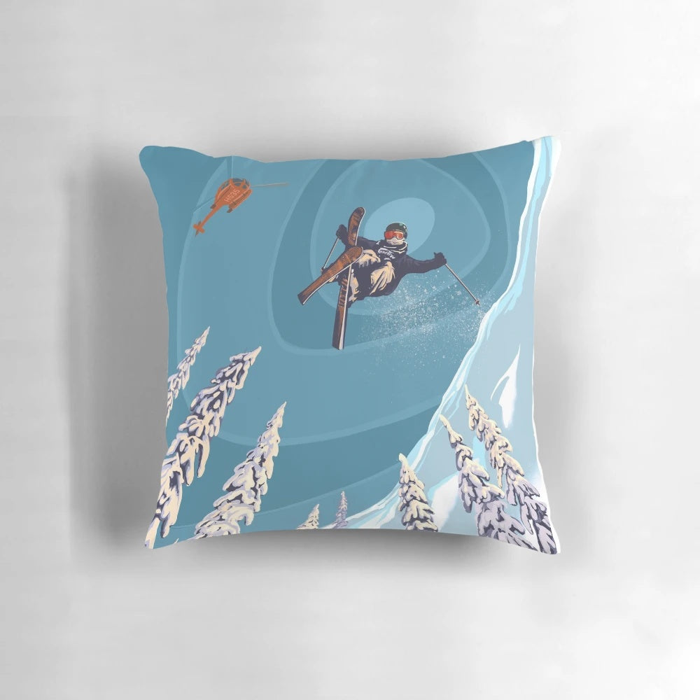 Retro ski jumper heli ski poster art Pillow featuring a mountain landscape and extreme sports imagery