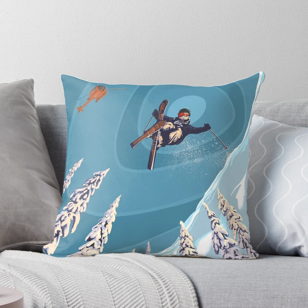 Retro ski jumper heli ski poster art Pillow featuring a mountain landscape and extreme sports imagery
