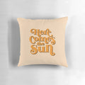Retro throw pillow featuring the iconic lyrics "Here Comes the Sun" from The Beatles' classic song.