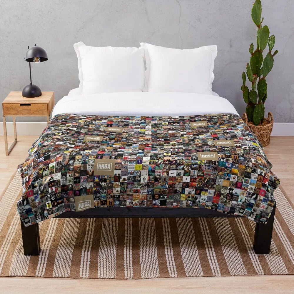 Plush blanket featuring iconic hip hop album covers from 1986 to 2018