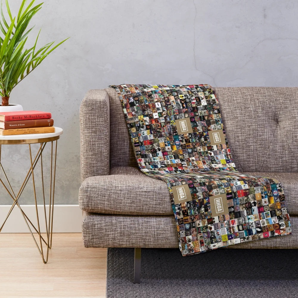 Plush blanket featuring iconic hip hop album covers from 1986 to 2018