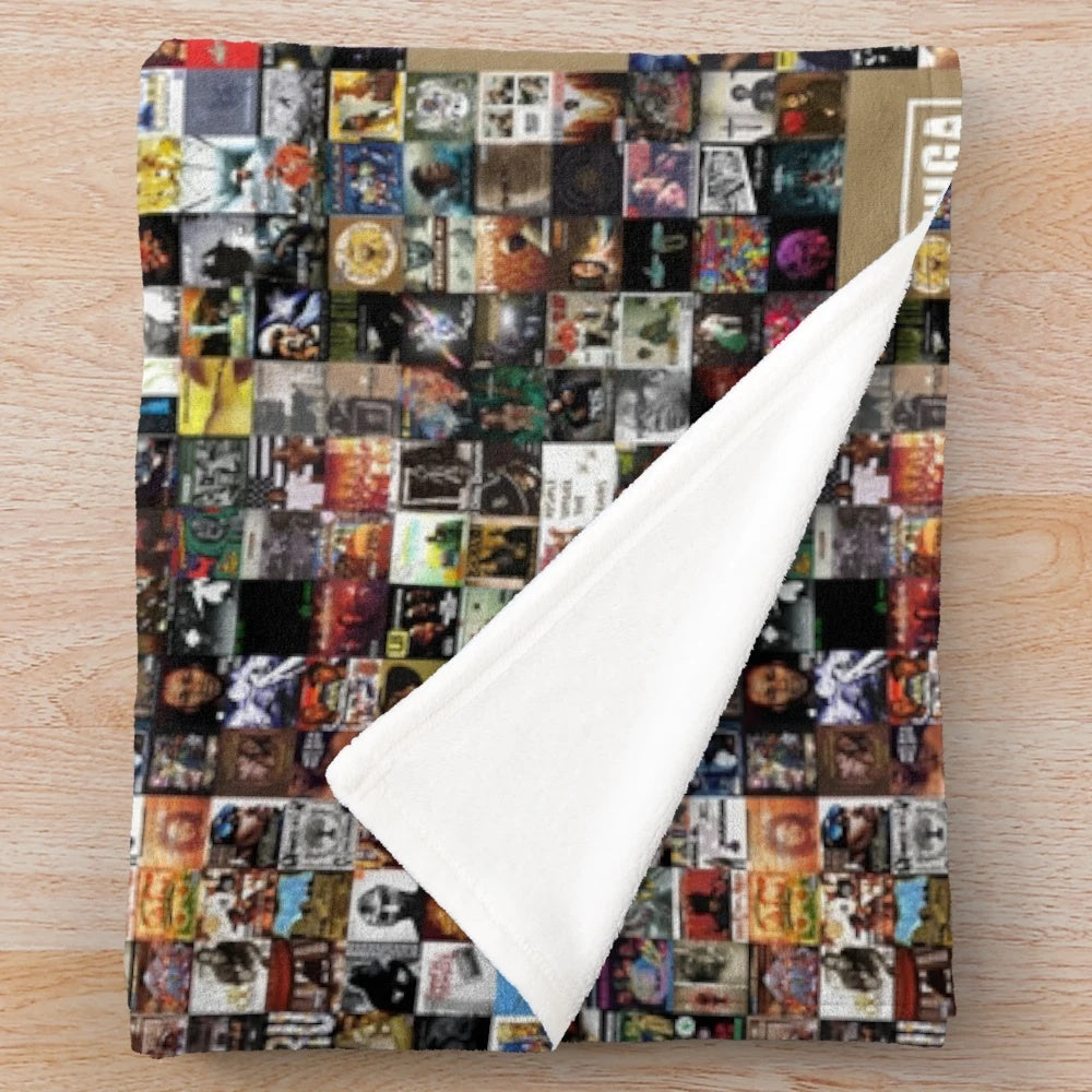Plush blanket featuring iconic hip hop album covers from 1986 to 2018