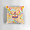 Retro hippie boho rainbow print pillow with psychedelic eye and floral design