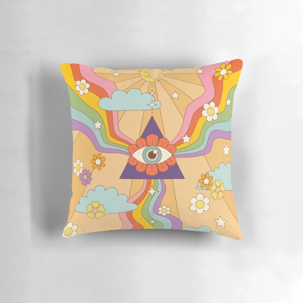 Retro hippie boho rainbow print pillow with psychedelic eye and floral design