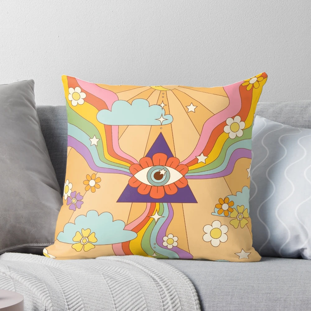 Retro hippie boho rainbow print pillow with psychedelic eye and floral design