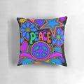 Colorful retro hippie flower power pillow with peace and love design