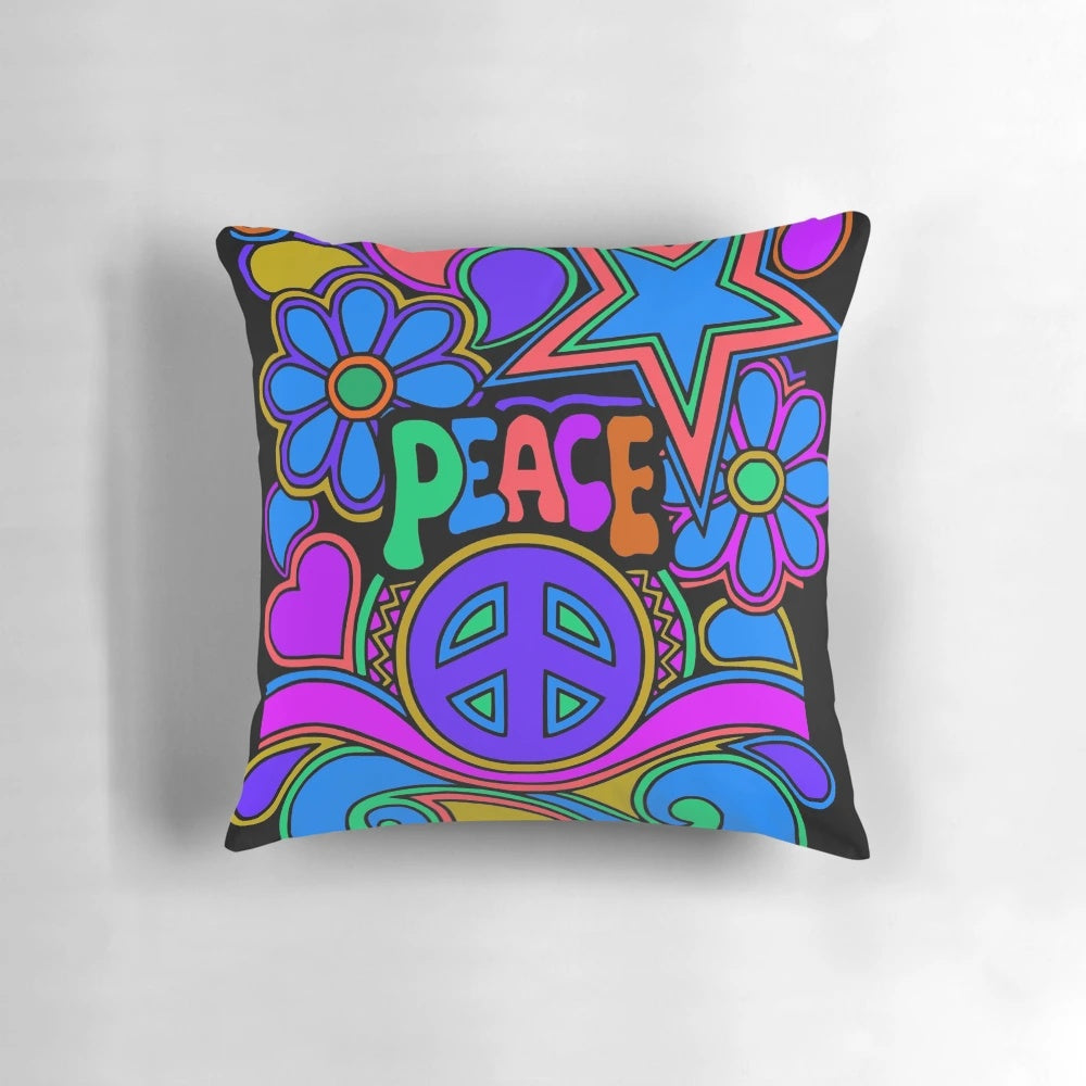 Colorful retro hippie flower power pillow with peace and love design