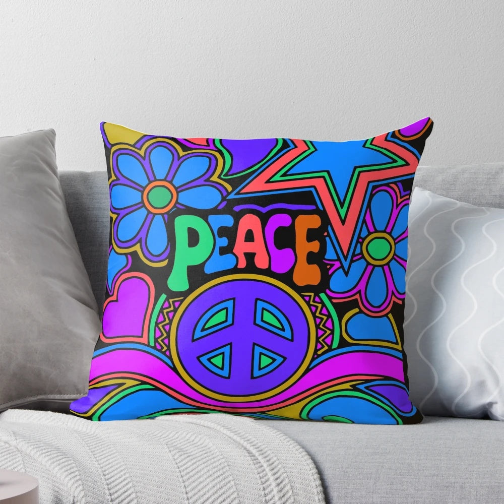 Colorful retro hippie flower power pillow with peace and love design
