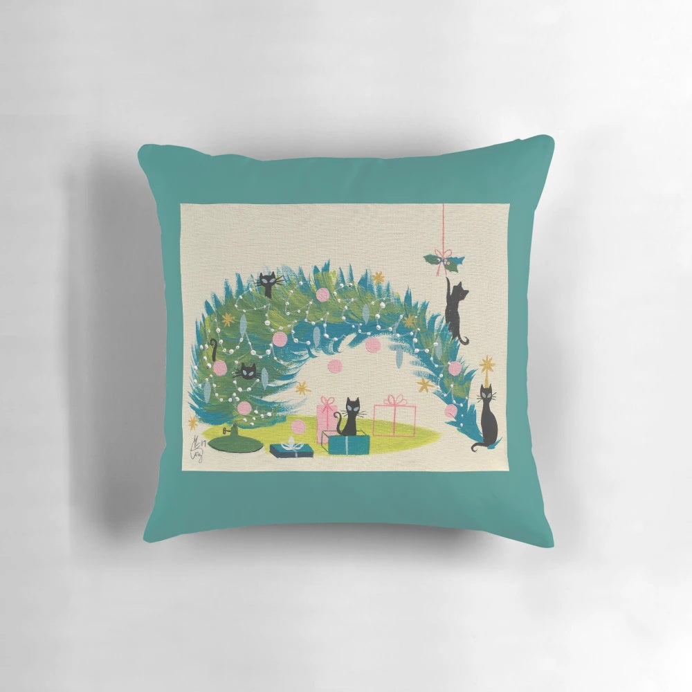 Vintage-inspired holiday pillow featuring a black cat and retro Christmas tree design
