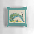 Vintage-inspired holiday pillow featuring a black cat and retro Christmas tree design