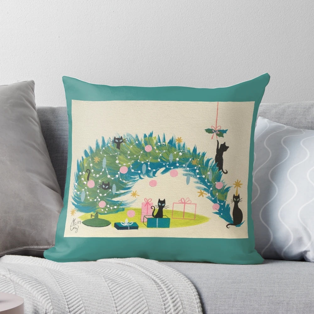 Vintage-inspired holiday pillow featuring a black cat and retro Christmas tree design