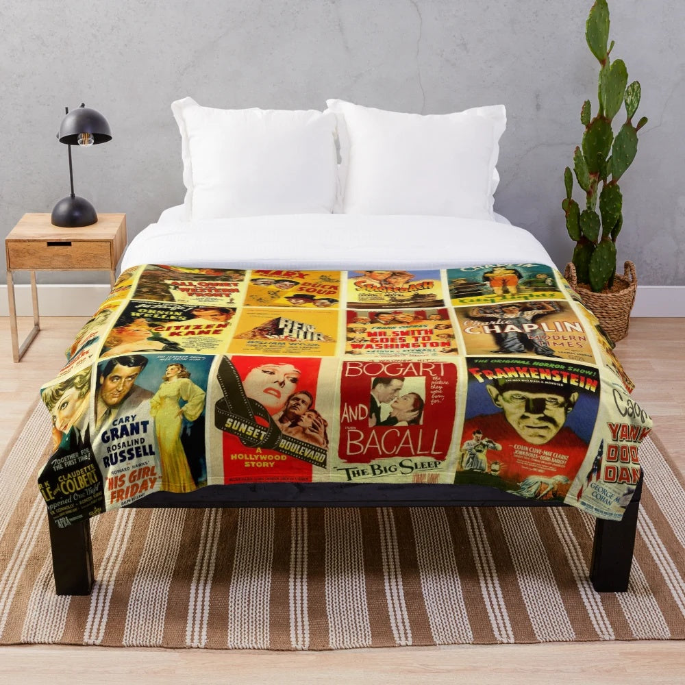 Vintage Hollywood classic movie posters printed on a soft, cozy plush blanket