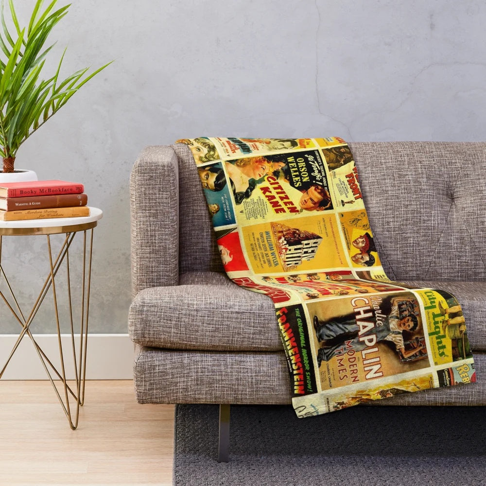 Vintage Hollywood classic movie posters printed on a soft, cozy plush blanket