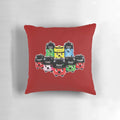 Vintage-style pillow featuring illustrations of Hoover vacuum cleaner characters