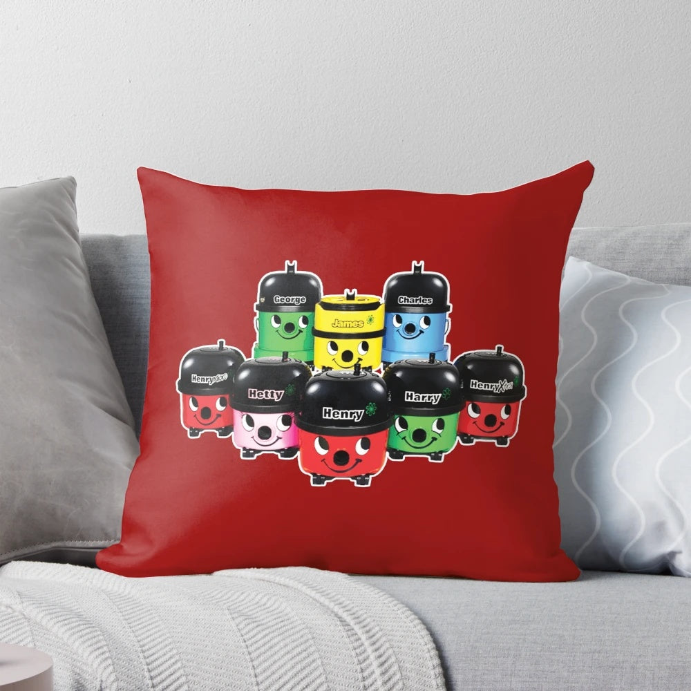 Vintage-style pillow featuring illustrations of Hoover vacuum cleaner characters