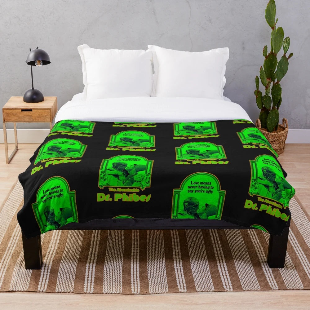 Plush blanket featuring illustration of Doctor Phibes from 1970s horror cult classic