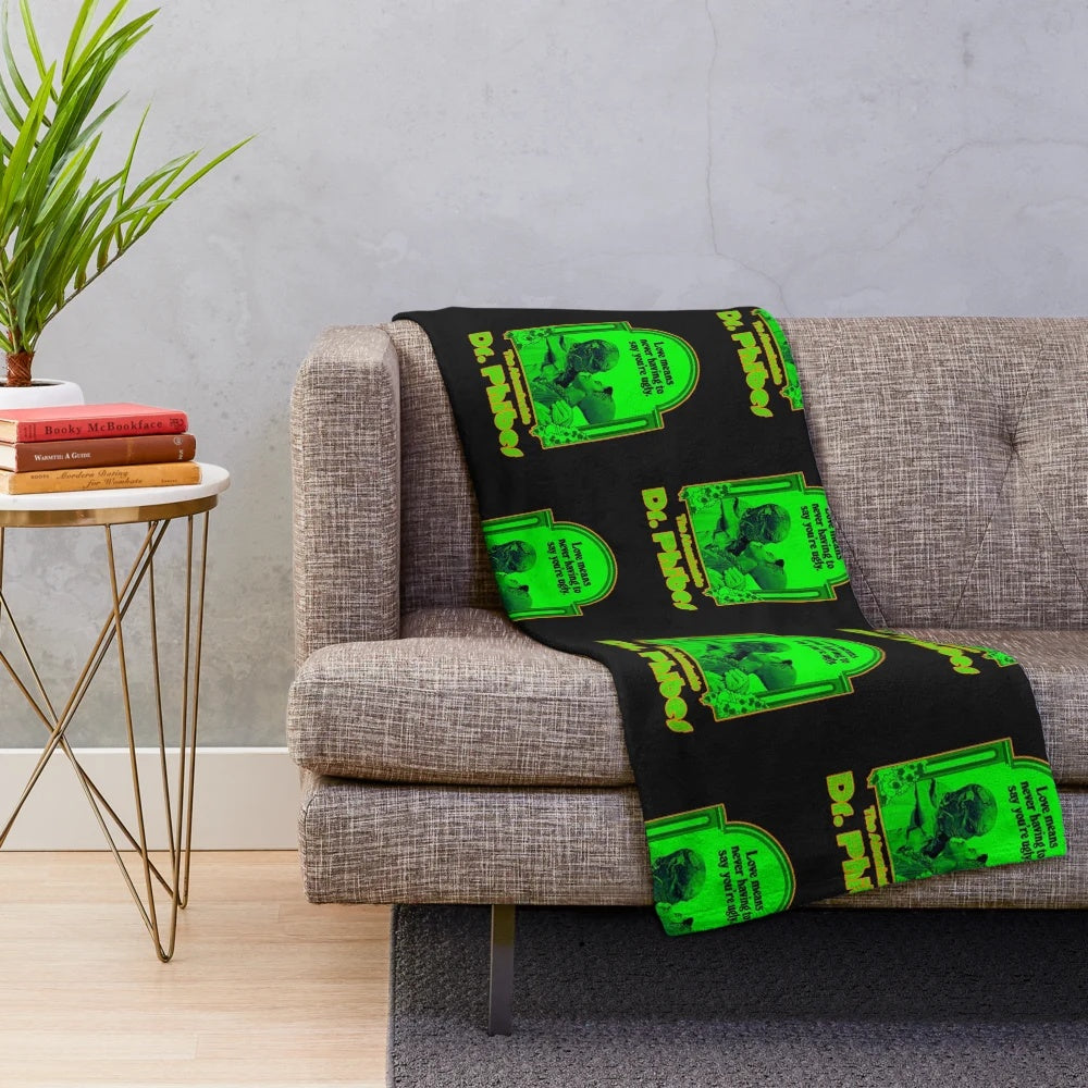 Plush blanket featuring illustration of Doctor Phibes from 1970s horror cult classic