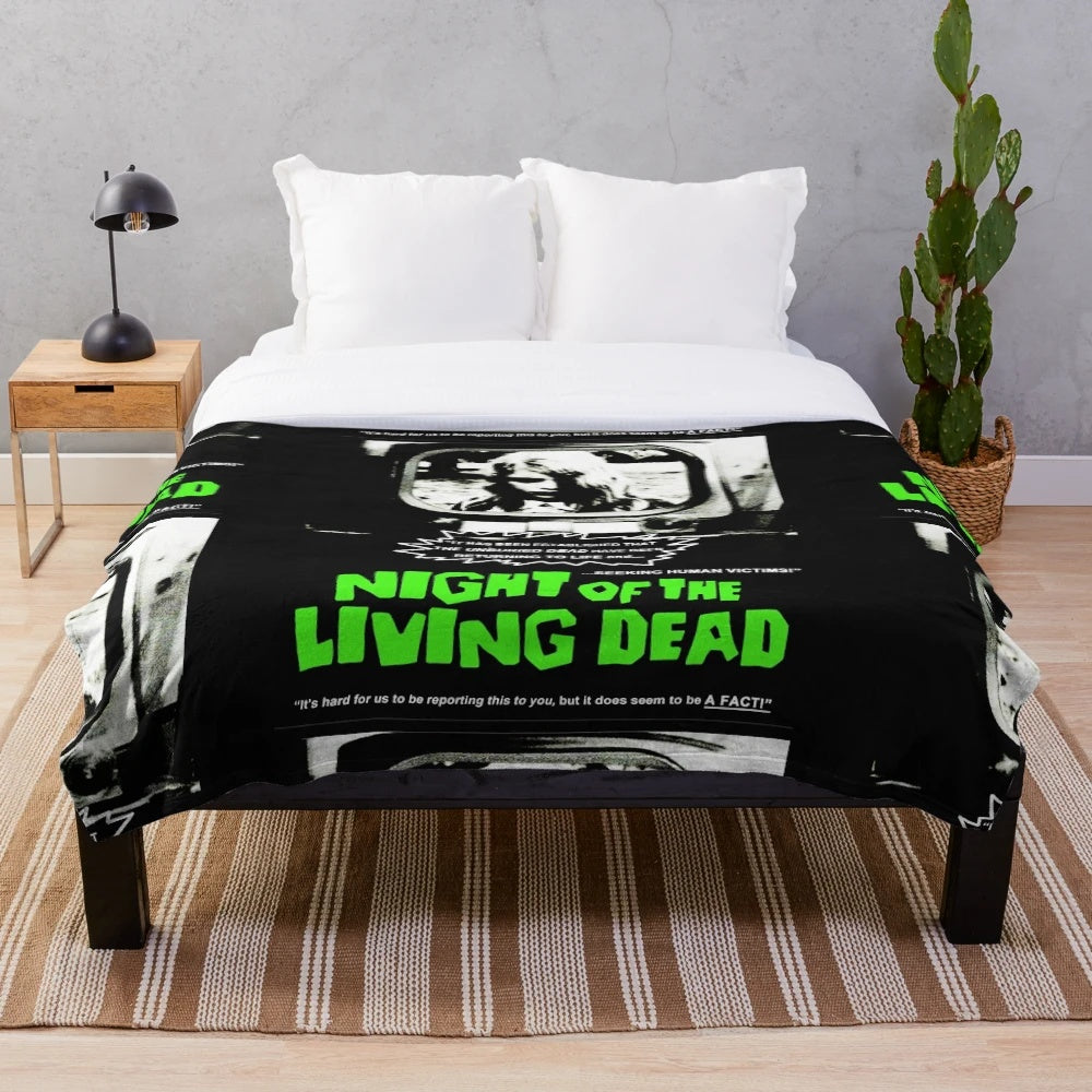 Retro horror film plush blanket featuring classic zombie movie design