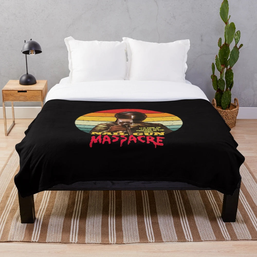 Retro horror movie-inspired plush blanket with Nail Gun Massacre design