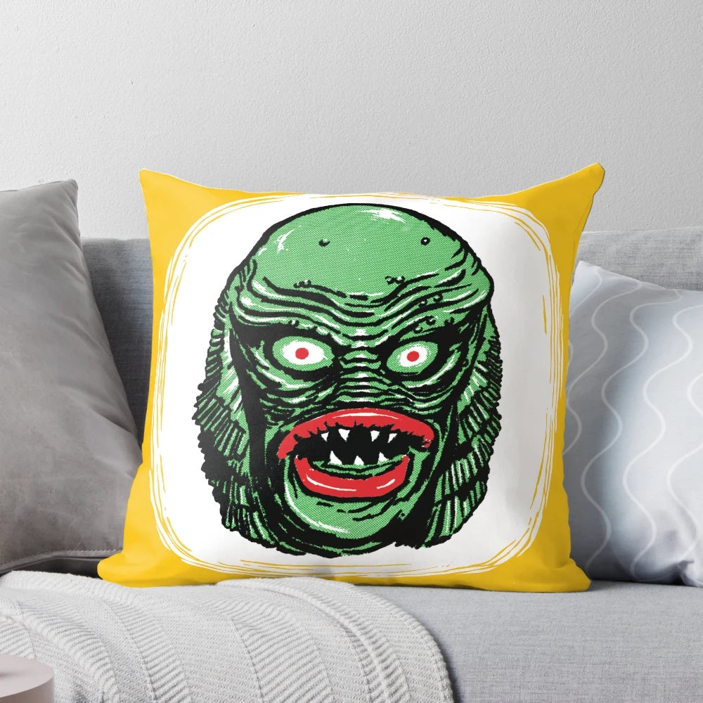 Retro-style throw pillow featuring the iconic Creature from the Black Lagoon movie monster
