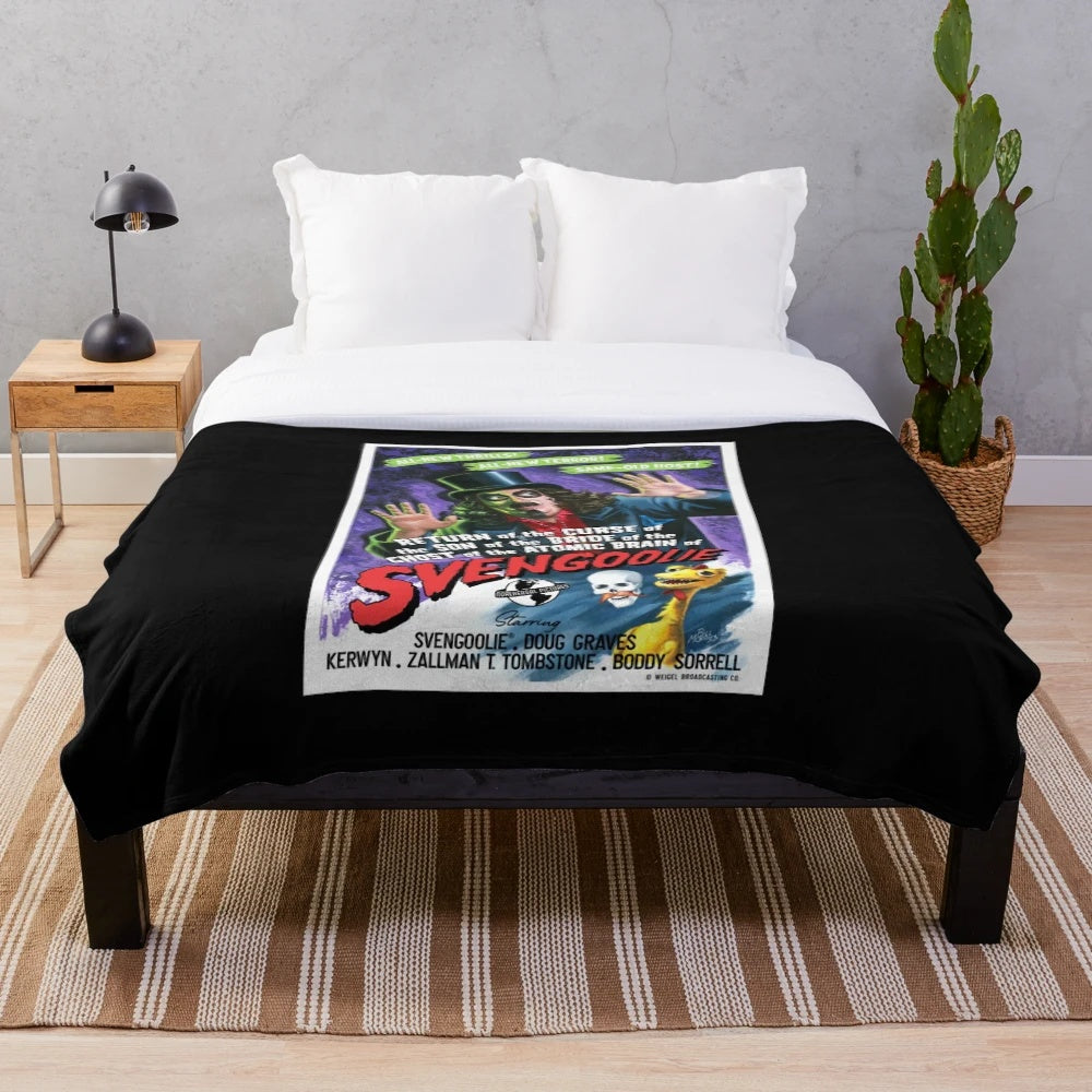 Svengoolie-inspired plush blanket featuring classic horror imagery