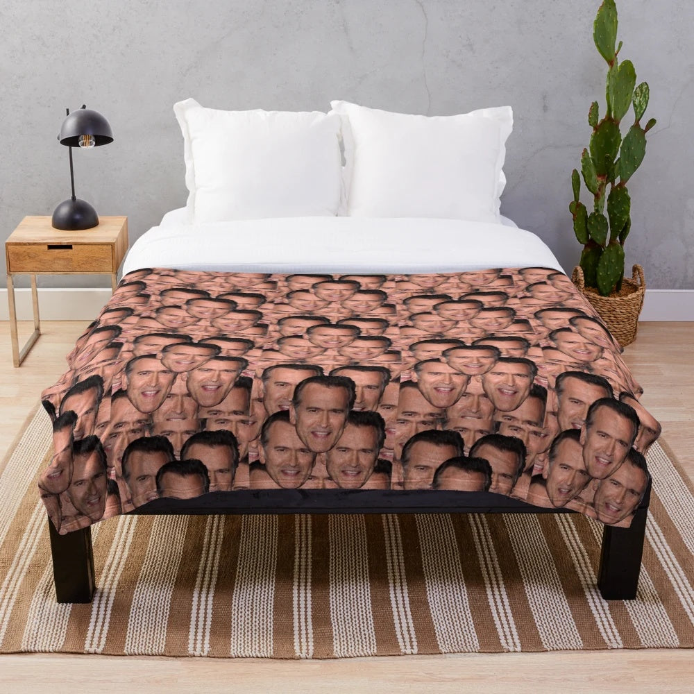 Plush blanket featuring Bruce Campbell's head from the Evil Dead movie