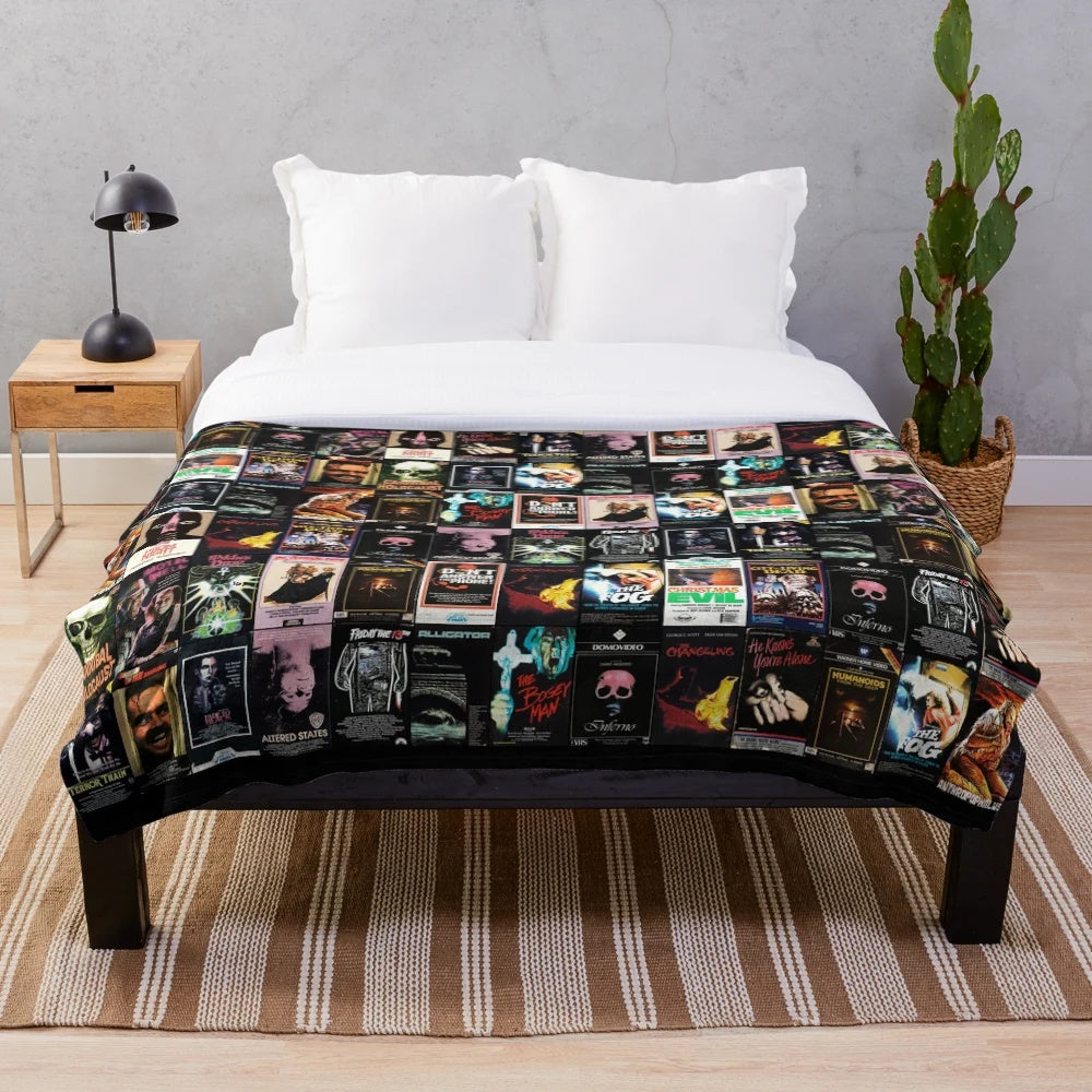 Retro horror VHS artwork inspired 1980 plush blanket