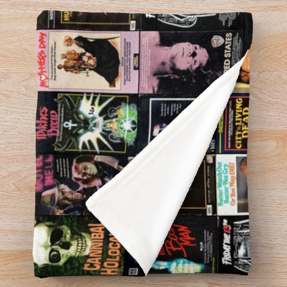 Retro horror VHS artwork inspired 1980 plush blanket